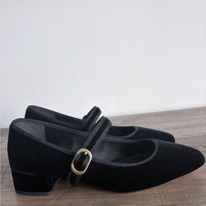 Veronica Beard Black Velvet Mary Jane Flats with Gold Buckle